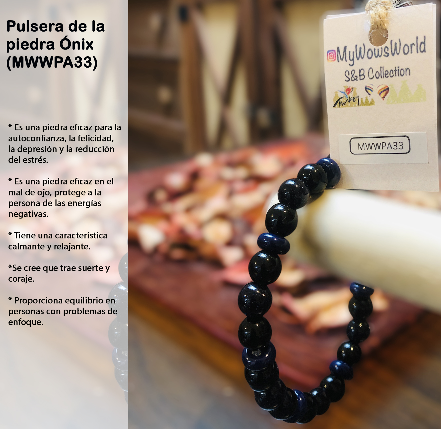 ( MWWPA33) Pulsera de piedra de ónix