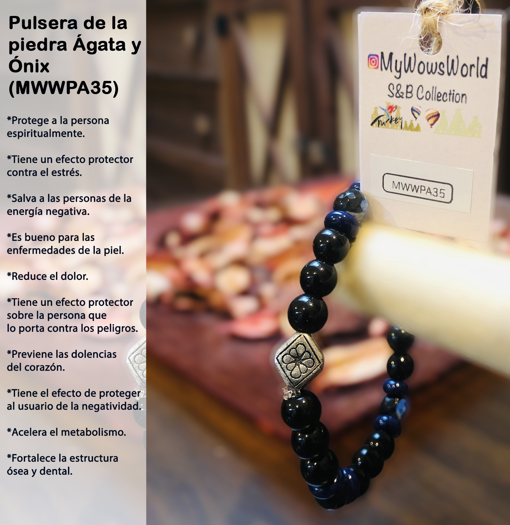 ( MWWPA35) Pulsera de piedra de ágata y ónix