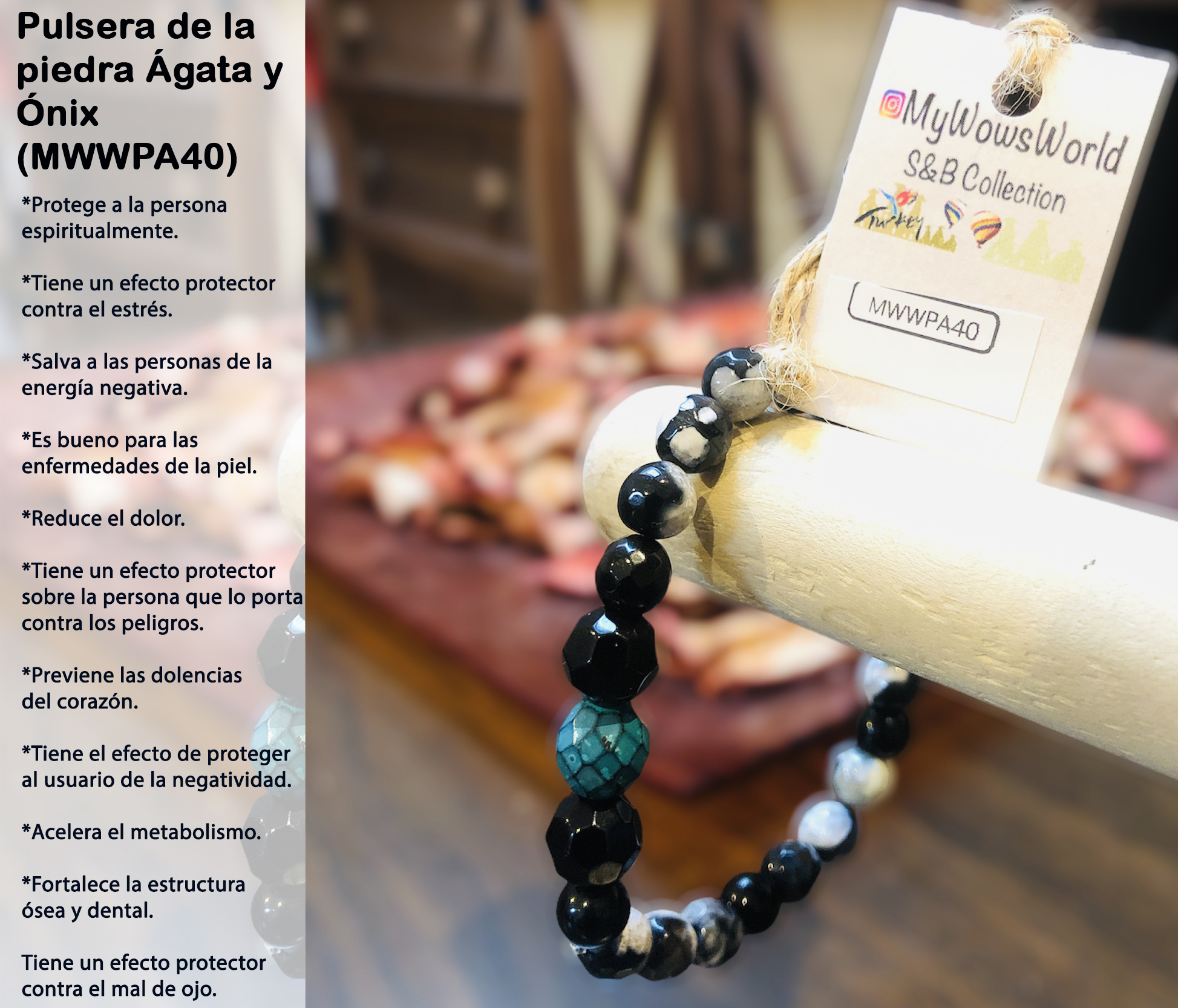 ( MWWPA40) Pulsera de piedra de ágata y ónix