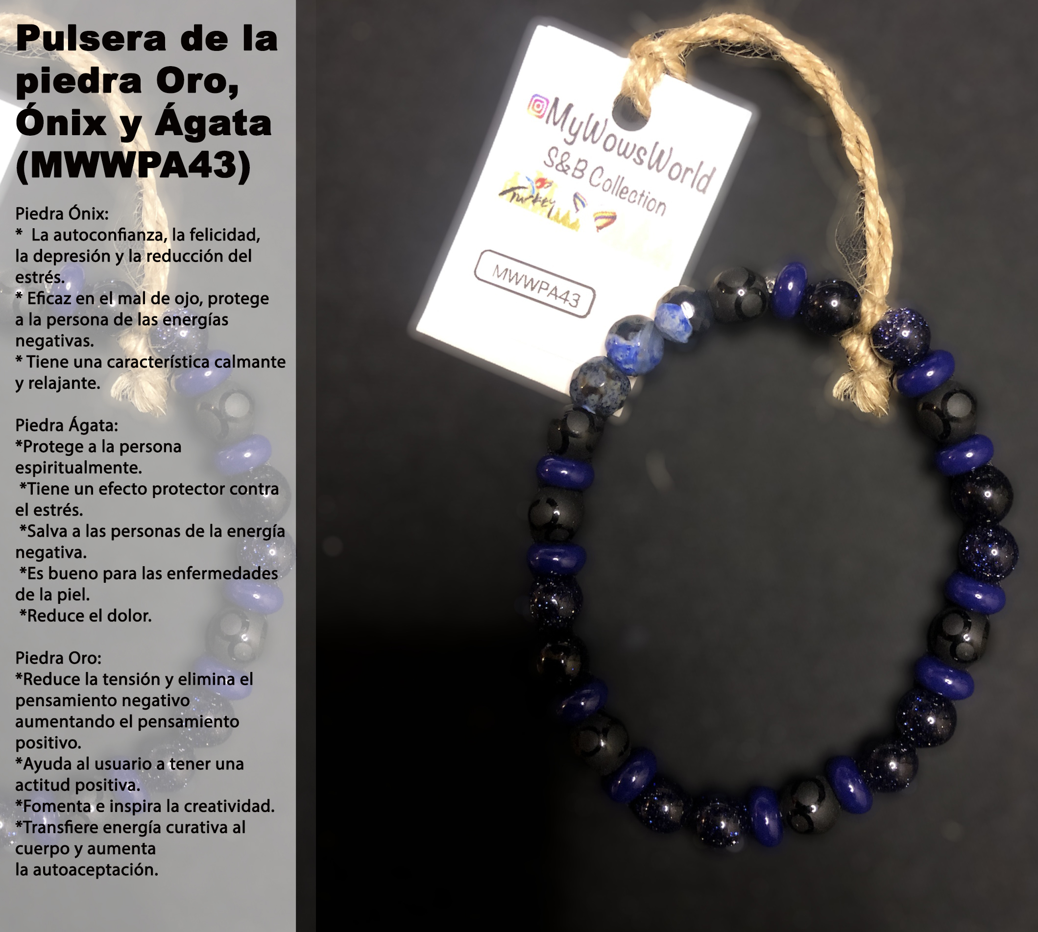 ( MWWPA43) Pulsera de piedra de oro, ónix y ágata