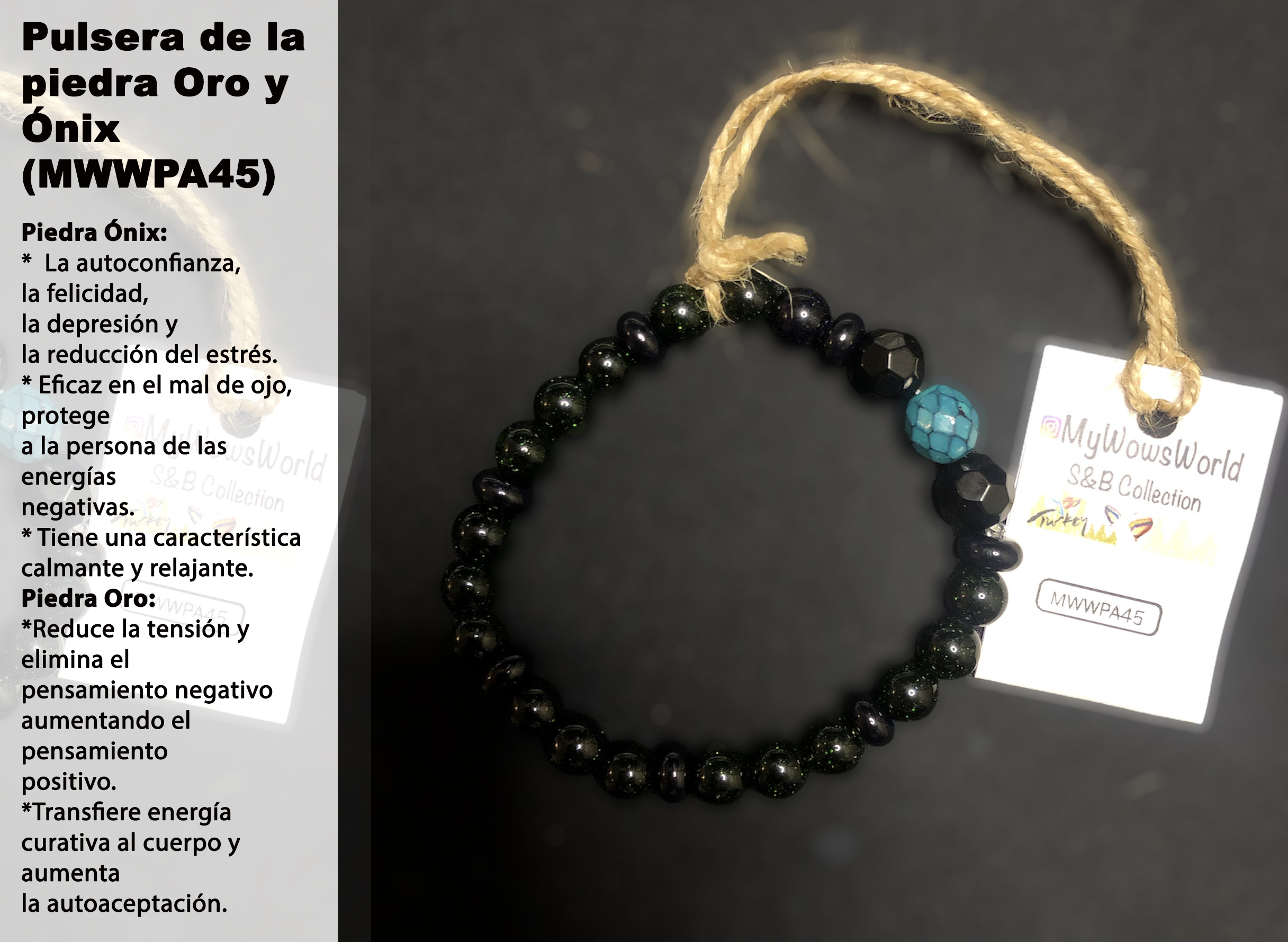 ( MWWPA45) Pulsera de piedra de oro y ónix