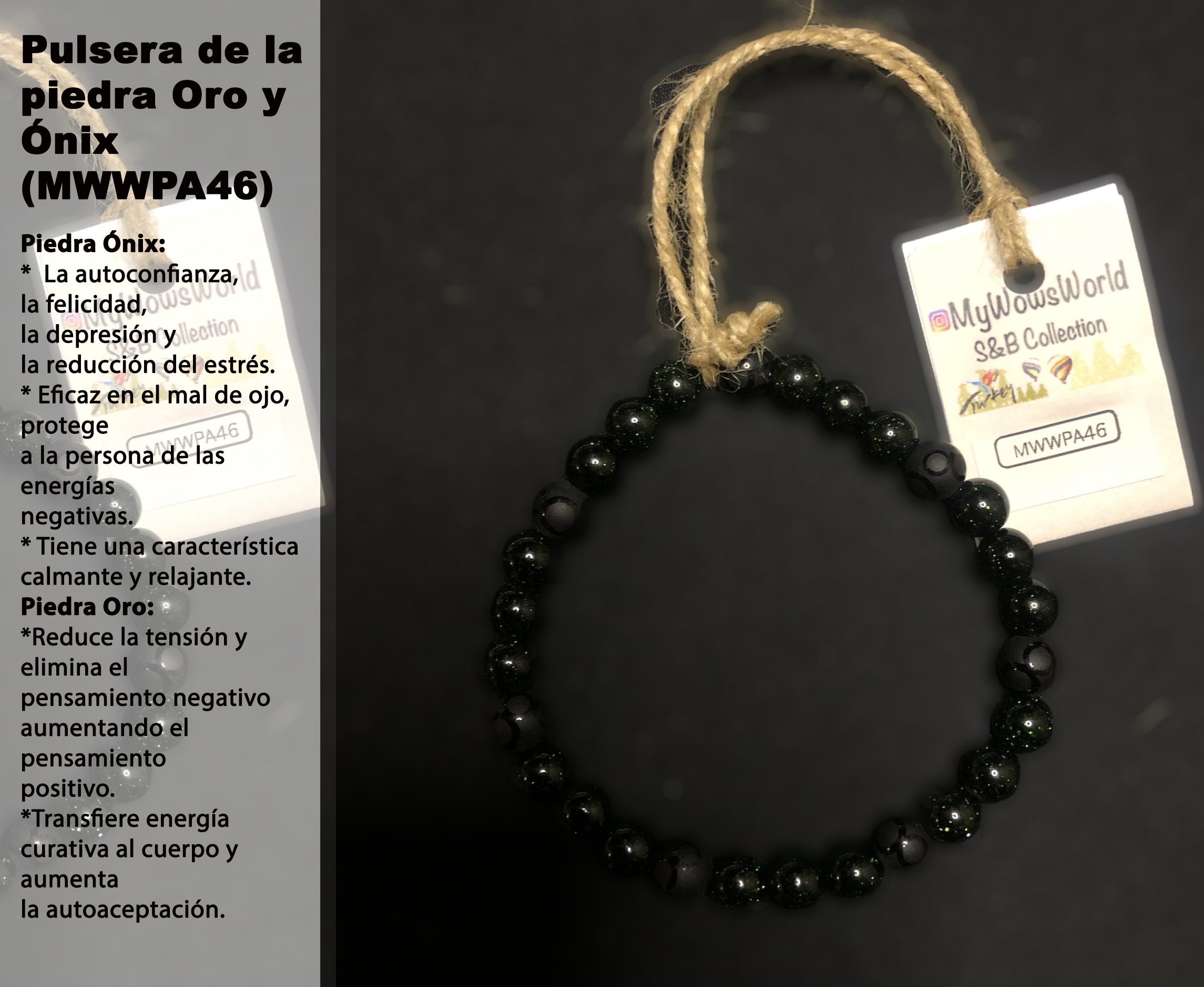 ( MWWPA46) Pulsera de piedra de oro y ónix