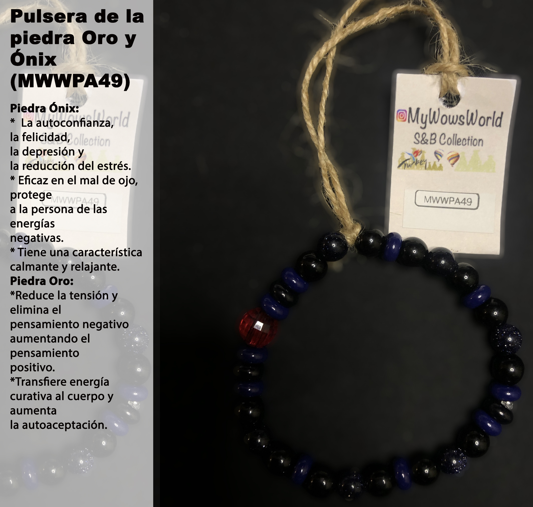 ( MWWPA49)Pulsera de piedra de oro y ónix